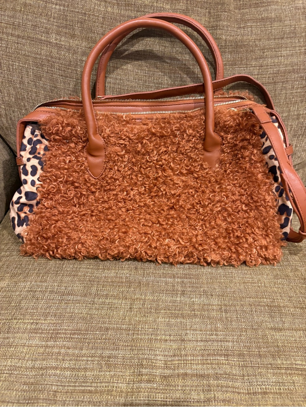 Pink Haley Faux Shearling Satchel Bag with Leopard Accents